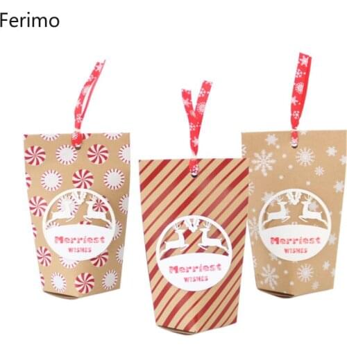 Ferimo 48pcs New Christmas candy box retro kraft paper bag Christmas Eve creative gift candy box small paper bag