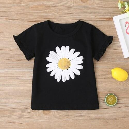 New Fashion Baby Girl Clothes Cotton Short Ruffle Sleeve T-shirt Daisy Floral Printed Tops Summer Holiday Children Clothing 2-6Y