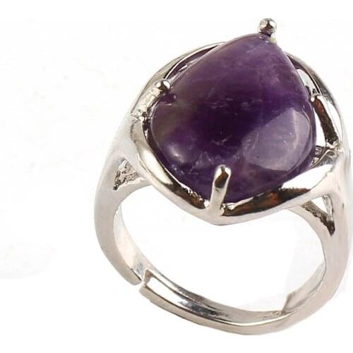 KFT Silver Plated Water Drop Resizable Stone Ring Natural Amethysts Crystal Quartz Reiki Finger Ring For Women Party Jewelry