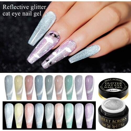 MEET ACROSS Reflective Glitter Gel Nail Polish Set Magnetic Nail Gel Nail Art Varnish Semi Permanent Top Base Coat