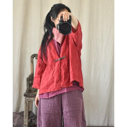 V neck Linen Jackets Women Chinese Style Spring Autumn Flax Vintage Jackets Solid Color Casual Single button Kimono Tops