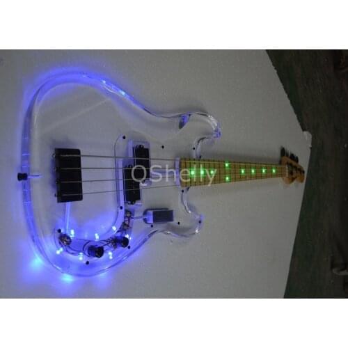 Top Quality QShelly Custom Acrylic 4 Strings Jazz Bass LED Lights Dot Inlay P Electric Bass Guitar Musical Instruments Shop