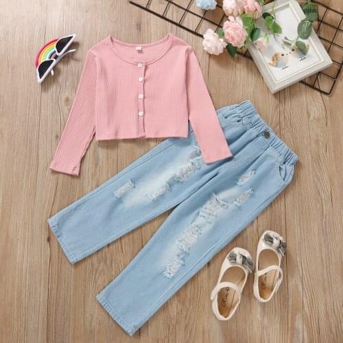 Autumn Girls Clothes Set Toddler Girls Kids Cardigan Pit-striped Tops+Ripped Jeans Trousers 2pcs Outfits Children Clothing