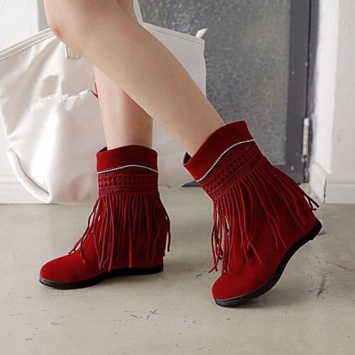 PXELENA Hot Fashion Women Tassle Ankle Boots Round Toe Flock Slip On Hidden High Heels Fringe Boots Ladies Shoes Ethnic Footwear