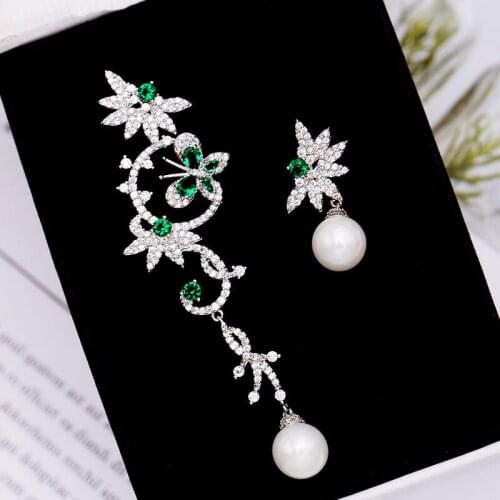 Ruifan Europe Luxury Green/Colorful Cubic Zircon Irregular Butterfly Shape Pearl Earrings Dangle 2019 Woman Drop Earring YEA341