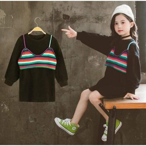 Girls Sweatshirt Rainbow Sling Dress for Girl Full Sleeve Spring Autumn Casual Sport Stripe Love Dresse Children Cute Long Coats