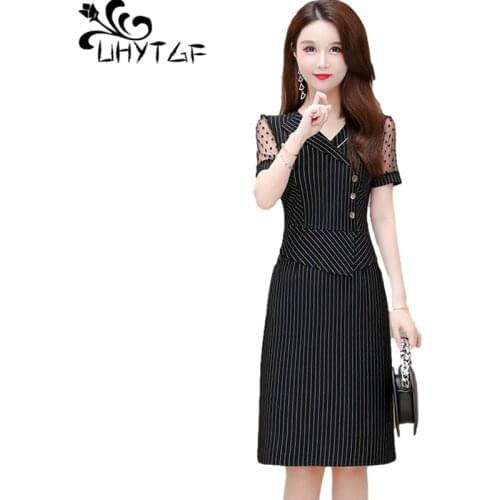 UHYTGF Women Summer Dresses New Fashion Striped Short-Sleeved Elegant Female Dress Single-Breasted Pullover Plus Size Dress 1606