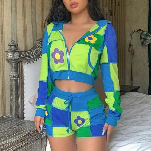 Y2K Floral Print Two Pieces Sets Crop Hoodies Lace Up Shorts Women Pullovers Autumn Suits Clothing Casual Patchwork Tracksuit