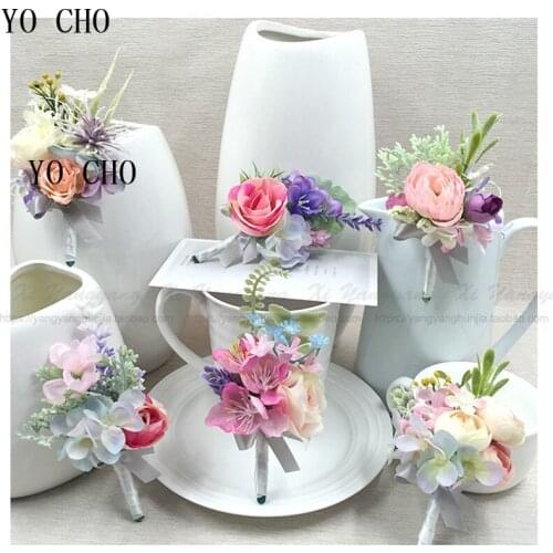 YO CHO Exquisite Silk Rose Decor Wedding Boutonniere and Brooch Artificial Flower Wrist Corsage for Bridesmaids