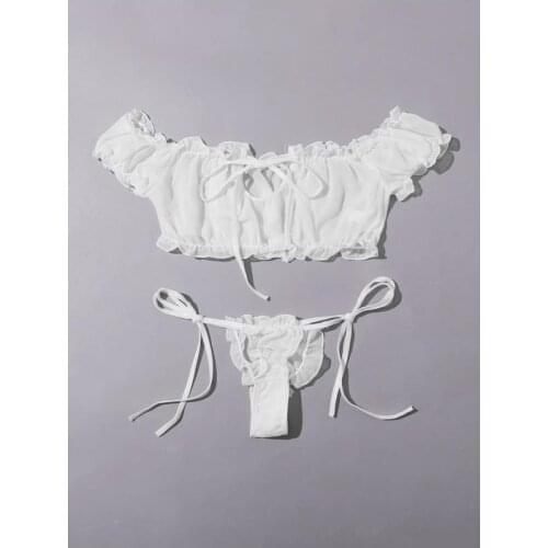 Womens Sexy Ruffles Mesh Tops Brief Sets Lace Lingerie Set Hot Erotic High Stretch G-string Underwear Erotic Sex Costume