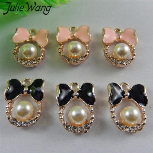 Julie Wang 10PCS Enamel PinK Black Tie Plastic Pearl Alloy Gold Tone Charms Neckalce Pendant Findings Jewelry Making Accessory