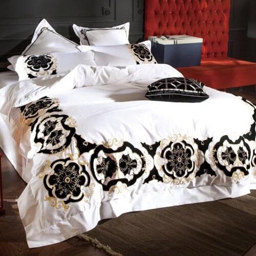 120S Egyptian Cotton White Embroidery black Luxury Bedding Set 4pc King Queen Wedding Bed Sheet Cover set Duvet cover Pillowcase
