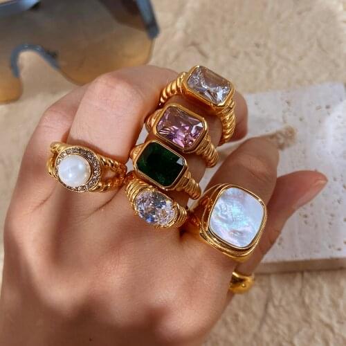 Blingbling Rectangle Zircon Ring 18K Gold PVD Plated Stainless Steel Pearl Ring Croissant Twist Titanium Steel Finger Rings
