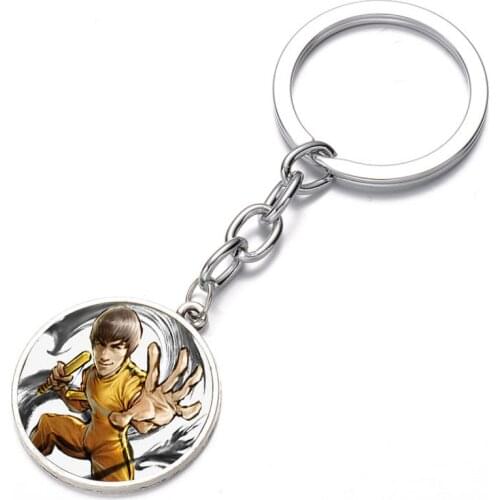 Chinese Kungfu Star Cartoon Keychain Glass Dome Key Chain Bag Charm necklace Bronze black Keyring Holder Kids boys girl Gift