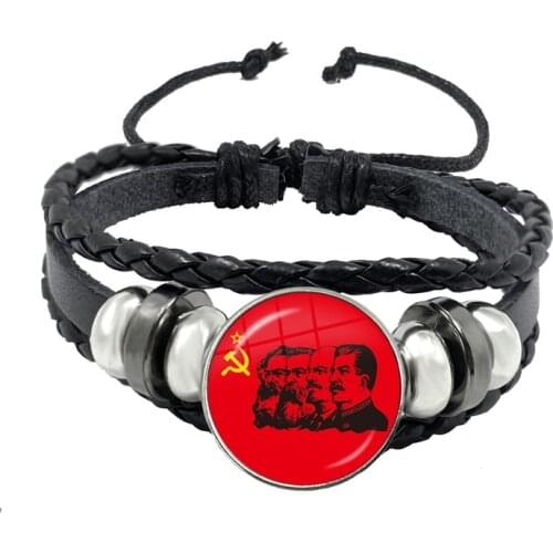 Soviet USSR Stalin Lenin Black Leather Button Bracelet Classic Red Star Hammer Sickle Communism Emblem CCCP Glass Dome Bangle