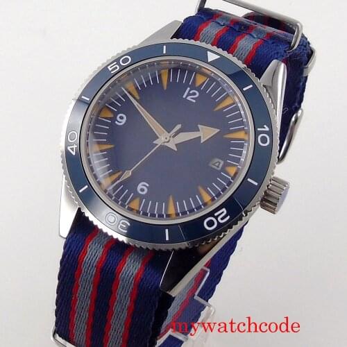 41mm Corgeut Blue Sterile Dial 24 Jewels NH35 Automatic Mens Watch Sapphire Crystal Date Nylon Band Rotating Bezel