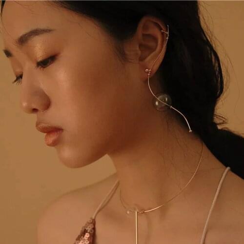 Color Keep 1 Year ! 14K Gold ins Cool Copper Glass Ball Wire Ear Cuff For Women Original Bubbles Korean Long Earrings 2019