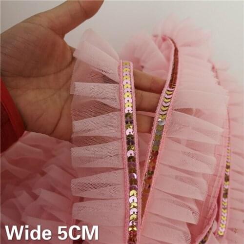 5CM Wide Double Layers Pink Mesh Sequins Lace Fabric Ruffle Fringe Trim Embroidered Ribbon Dress Guipure DIY Sewing Supplies