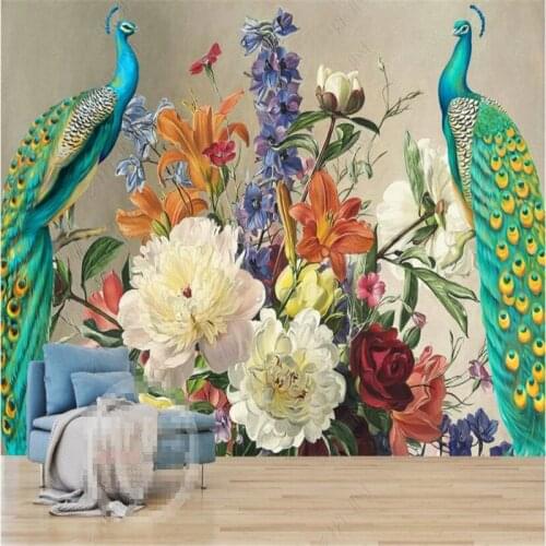 Custom size European peacock retro oil paint flower 3D wall papers home decor mural bedroom decor self-adhesive wallpaper