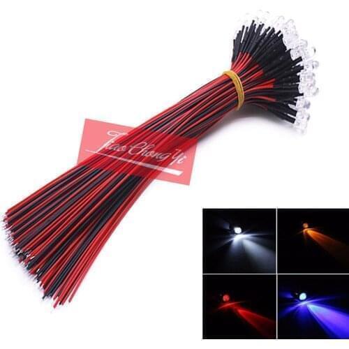 Hot Red/blue/green/white/yellow color PreWired 12V F5mm Car Boat LED 10-100PCS Lot Pre Wired DC 9-12V 5MM Water Clear LED Diod