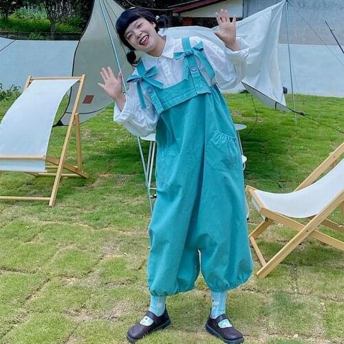 Japanese Cute Bow Baggy Jumpsuits Women Autumn Korean Loose Wide Leg Overalls Sweet Kawaii Cropped Jumpsuit Female