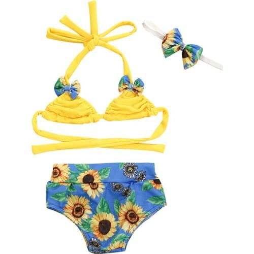 NEW Kids Girls Swimwear Suit Bikini + Panties + Bow Headband Adjustable Strap Sunflower Print Summer Clothing Children Swimsuit