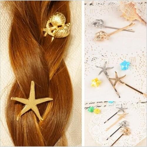 Summer Style Girl Star Hairgrip Women Conch Barrette Pins Clip Gold Silver Hairpin Kid Gift Fashion Sea Jewelry Hair Accessories