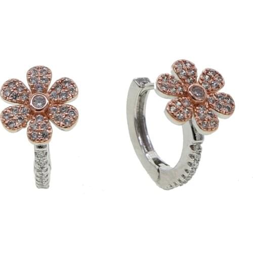Silver Color Pink CZ Flower Huggies Small Hoop Earrings for Womens Children Girls Baby Kids Anti-Allergic Jewelry