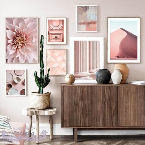 Pink Flower Door Veil Desert Poster Nordic Style Wall Art Nature Landscape Canvas Painting Abstract Scandinavian Picture