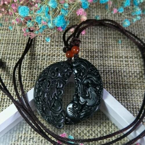 Natural Black-Green Jade Dragon Phoenix Jade Pendant Jewelry Lucky Exorcise Evil Spirits Safety Auspicious Charms Fine Jewelry