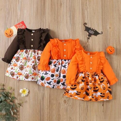 Halloween Girl’s Casual Long Sleeve Dress Cartoon Pumpkin Print Stitching Round Neck A-line Dress