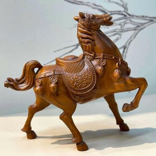 Q4427 - 11 x 12.5 x 5 CM Handsome Horse Stunning Boxwood Figurine Carving Feng Shui Sculpture Home Decor