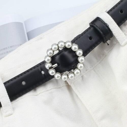 Leather Belt Womens Fashion Wild Solid Color Belt Alloy Square Buckle Inlaid Pearl Decoration Sweet Belt Women ceinture femme
