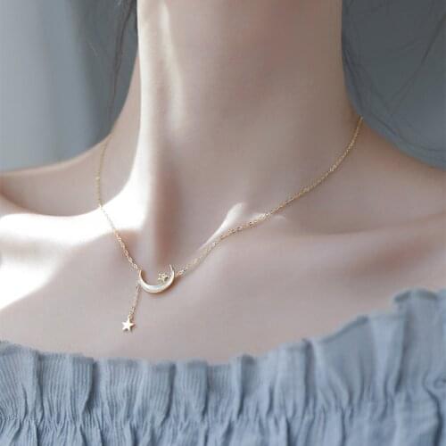 925 Sterling Silver Moon Star Necklace for Women Elegant Long Tassel Jewelry Gifts Wholesale S-N704