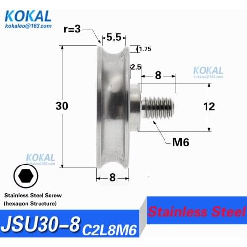 [M6*30*8]10pcs/lot stainless steel U groove ball bearing with M6 shaft screw wheel for machine sliding door hardness fittings