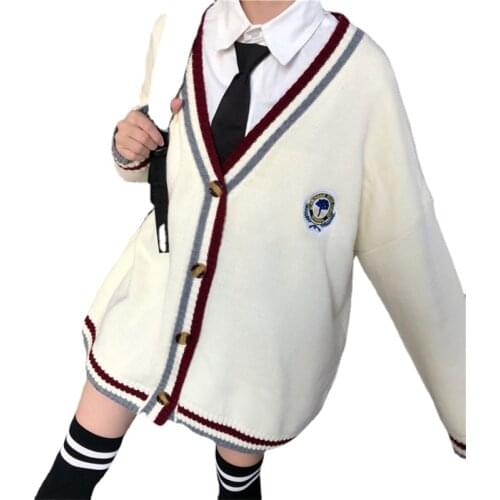 Student Girl 2pc Outfits Women Fashion 2 Piece Sets Tied White Blouse&Color Contrast Knit V Neck Loose Sweater Cardigan Suits