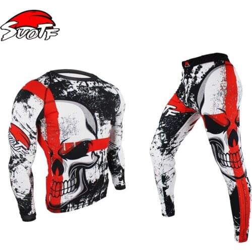 SUOTF Boxing Set Compression Jersey+Pants Skull Rashguard KickBoxing Tight Long T-Shirts Trousers Muay Thai MMA Fightwear