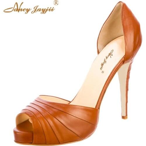 Nancyjayjii Dijigirls Orange Womens Shoes Pleated Peep Toe Pumps With High Heel Pleated fashion dress&Party pumps Size 38 39