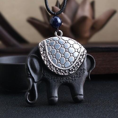 WEIYU Women Boho Tibetan Silver Ethnic Necklace Black Wood Elephant Pendant Long Necklace Rope Chain Sweater Chain Jewelry Gift
