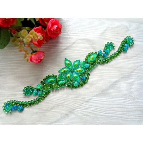 ZBROH 32*7cm hand made crystal patches sew on green Rhinestones applique for top dress skirt belt
