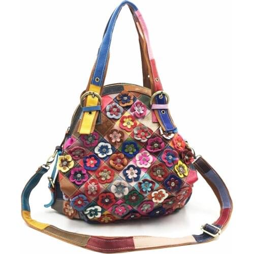 Multi Color Flowers Handbag Female Genuine Leather Big Capacity Shell Slouch Bag Women Ethnic Tribal Bohemian Shoulder bag brand