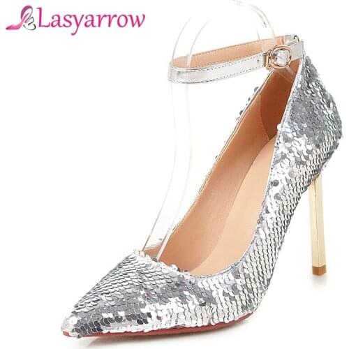 Lasyarrow Ladies Silver Bling Bling Wedding Shoes Glittering Sequined Pumps High Heel Stiletto Heel Pointed Toe Pumps New 2019