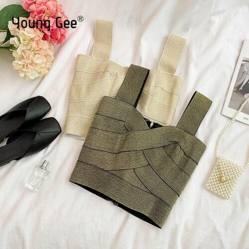 YoungGee Tank Tops Wrapped Chest Sleeveless Vest Sexy Women Sexy Bandage Croptop Summer Strap V-Neck Ladys High Stretchy Camis