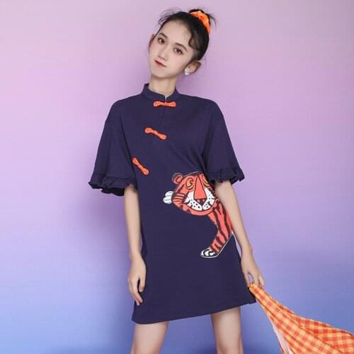 Summer New Womens Modified Cheongsam Dress Girl Young Little Cartoon Decal Slim Dress Lotus Leaf Short Sleeves Qipao Clothing