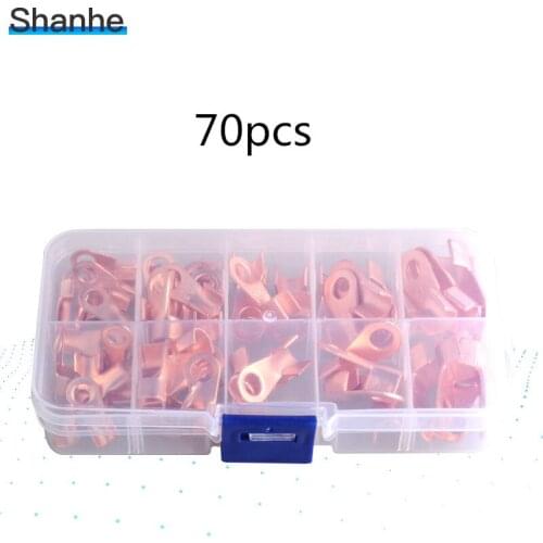 70PCS Copper Circular Splice Terminal Battery Cable Wire Naked Connector OT Open Ring Copper Lugs 10/20/30/40/50A