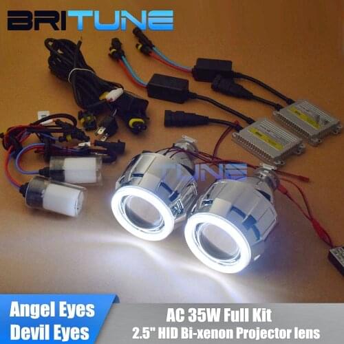 Britune Car Lens Angel Eyes Retrofit Projector Bi-xenon Full Kit 2.5 inch COB Halo Devil Eye Kit H4 H7 Headlight H1 HID Lights