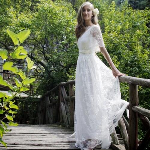 Free Shipping 2018 Romantic Bohemian Beach Lace Elegant Floor Length Boho bridal Gown Vestido De Noiva bridesmaid dresses