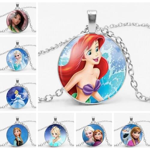 Disney The Long Chain Jewelry Necklace Crystal Cabochon Princess Elsa Anna Snow Queen Pendant Necklace For Girls Gifts Kids Toys