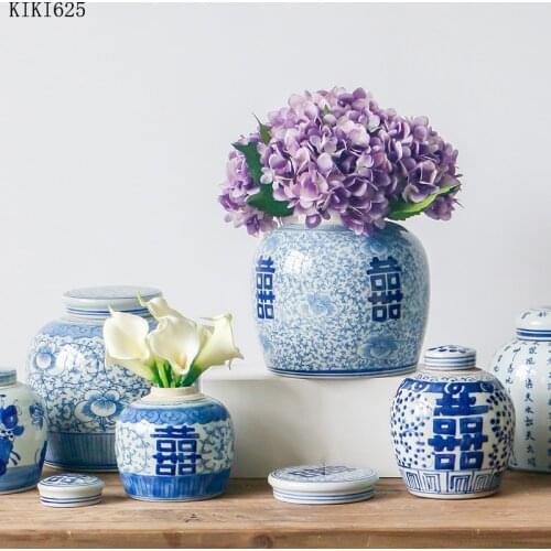 European Blue Flower Ceramic Vase Sealed Storage Jar Desktop Ornaments Hydroponic Vase Flower Arrangement Home Decoration Modern