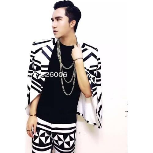 Personality Mens Fashion Black and white Geometry Exotic wind Costumes Suit Costumes nightclub male singer dj stage show wear